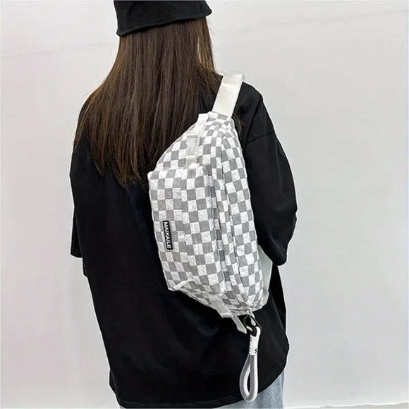 Checkerboard White Gray Fanny Pack Crossbody Bag Belt Bag - Picture 2 of 3